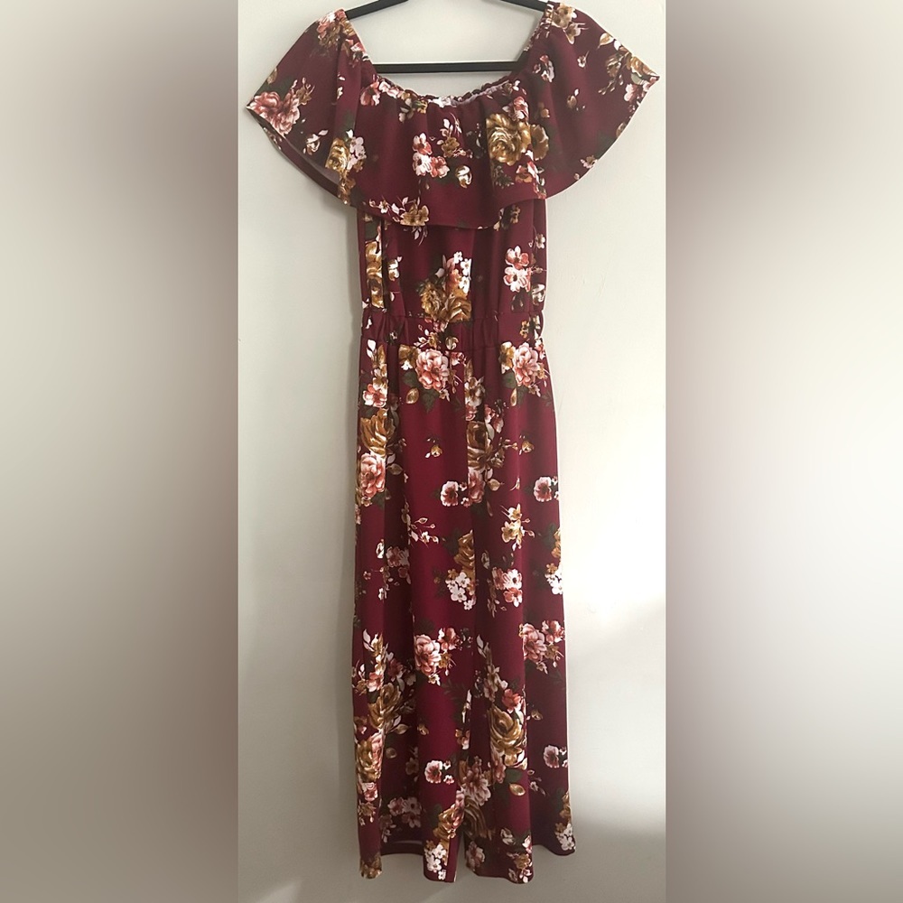 Altar’d State Burgundy/Maroon Floral Print On or Off the Shoulder Jumpsuit